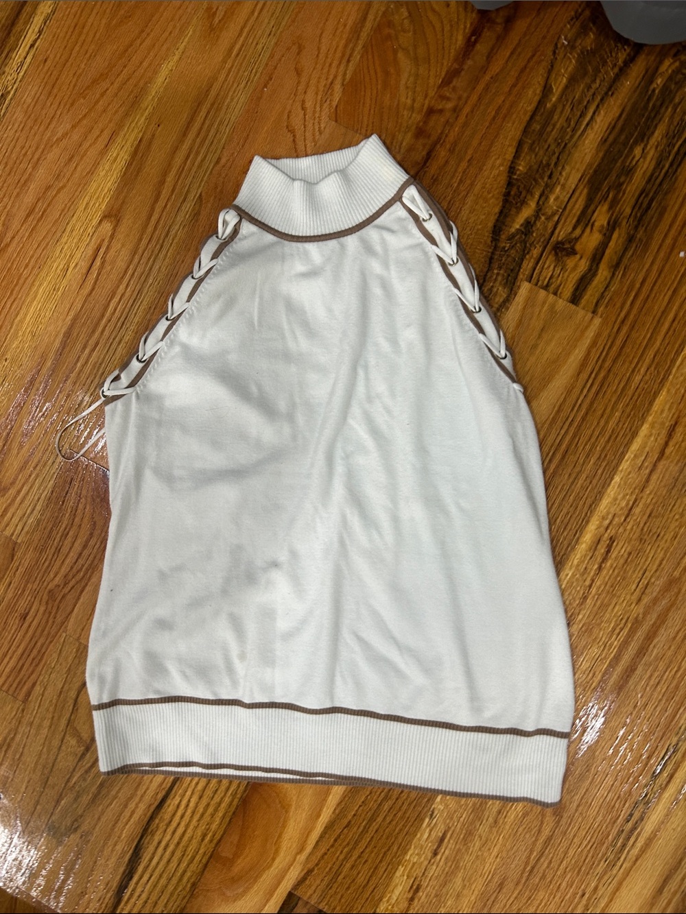 Cache White Halter Tank with Brown Trim and Lace-Up Shoulders